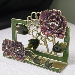 Vintage Enamel Jeweled Business Floral Top Table Card Holder Cast Metal